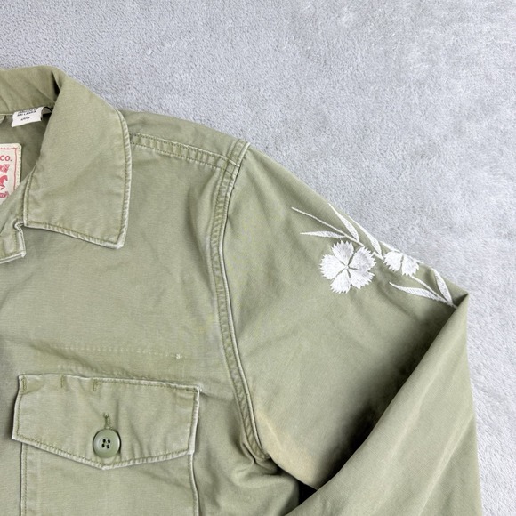 Levis Shirt Jacket Womens Small Olive Green Embroidered Flowers Military Utility - Picture 7 of 16